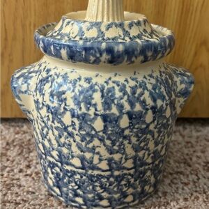 Robinson Ransbottom Pottery Roseville OH Blue Spongeware 1 Qt Canister Crock Jar